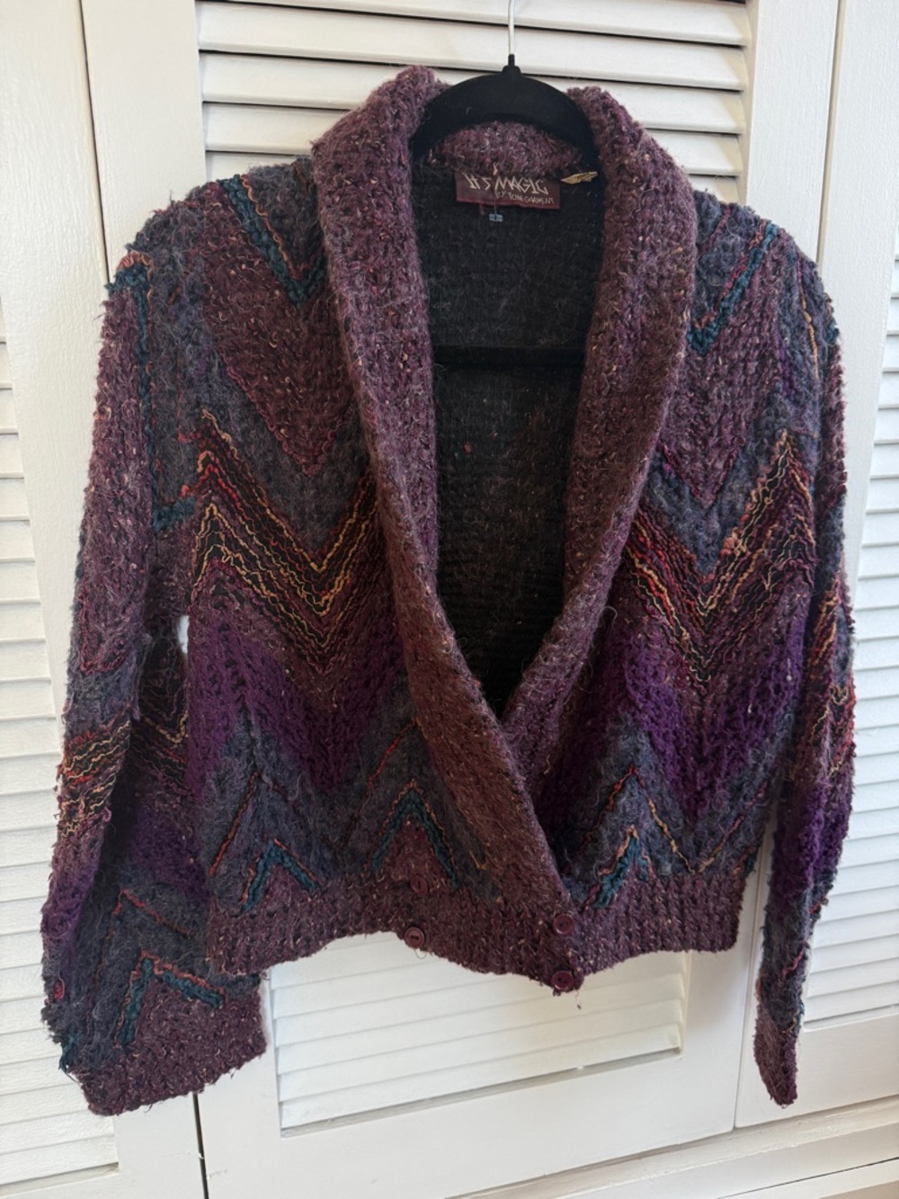 Textured Chevron Shawl-Collar Cardigan in Plum